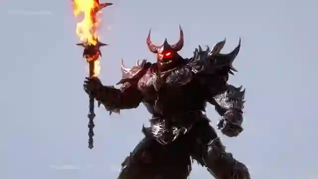 Still from the DermiCool AI film: a Ghamori monster raising a flaming mace.