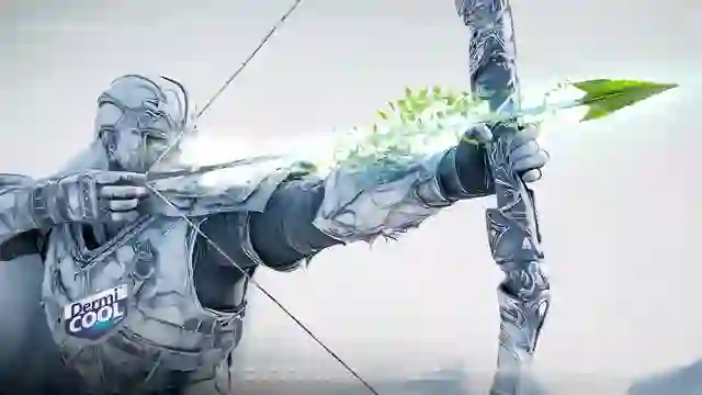 Still from the DermiCool AI film: an ice warrior drawing a neem-tipped arrow.