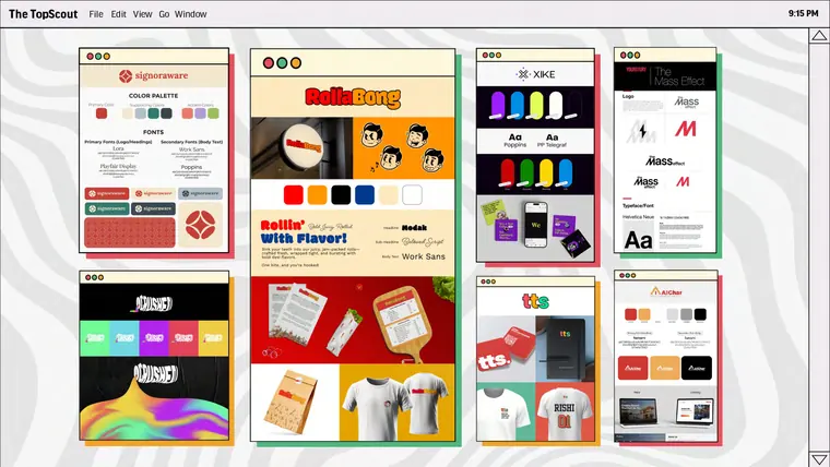 Identity boards from TopScout branding work: colour palettes, type systems, packaging and merch.