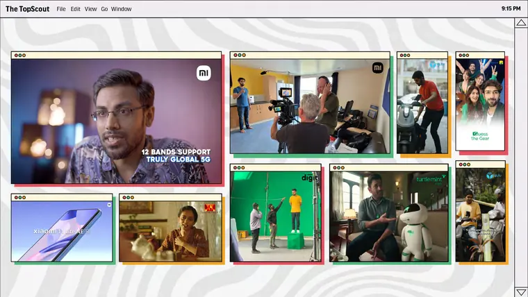 Production stills from TopScout film shoots: talent, crew and studio setups.