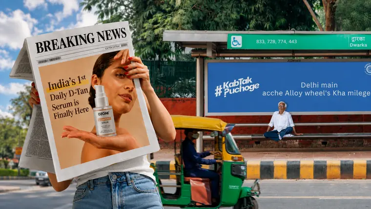 An Ozone newspaper press ad alongside a Delhi bus-shelter billboard.
