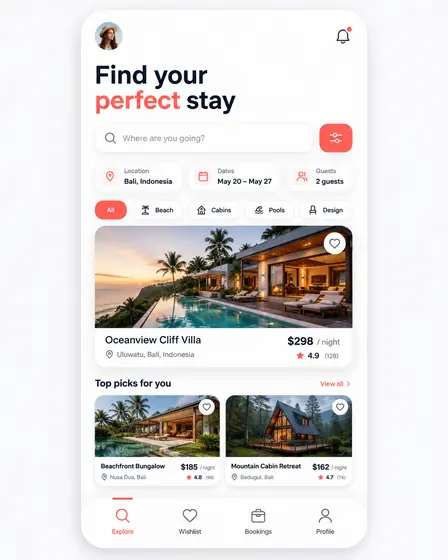 A travel booking app interface designed by TopScout.